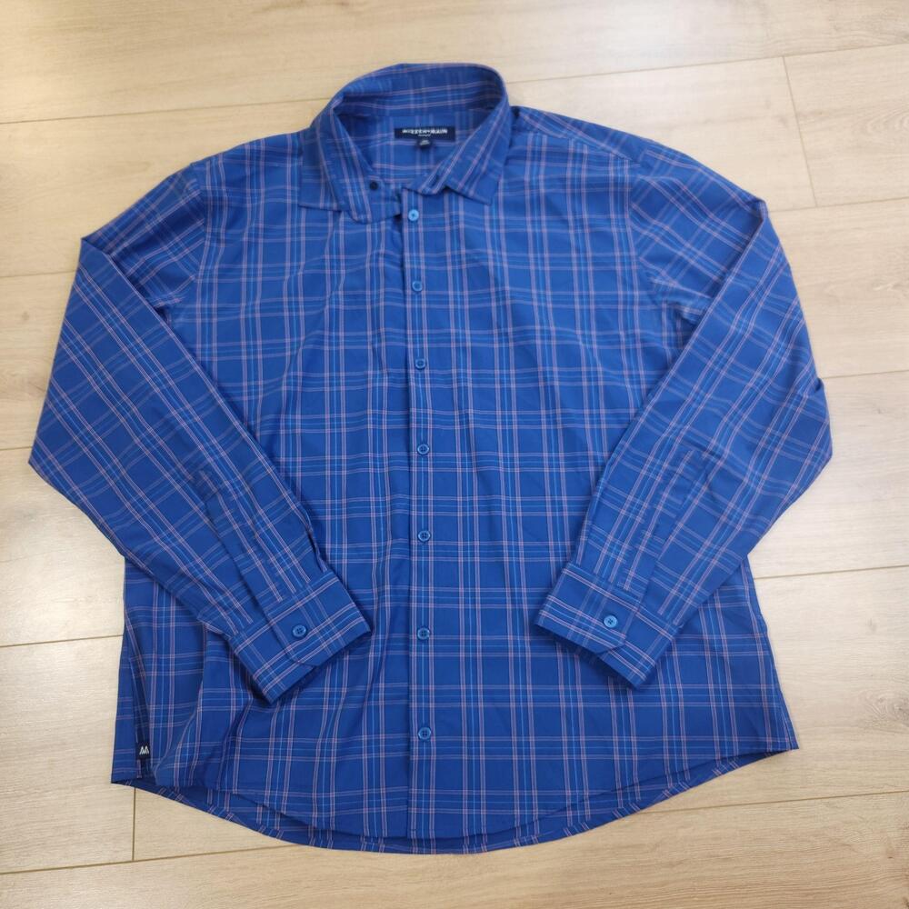 Mizzen+Main Dress Shirt Mens 2XL Blue Plaid Leeward Trim Fit Stretch Button Up